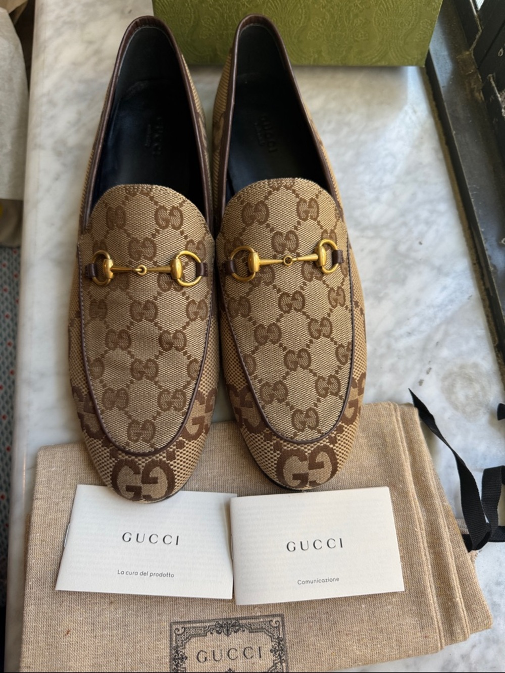 Gucci Brown Beige GG Canvas Horsebit Loafers